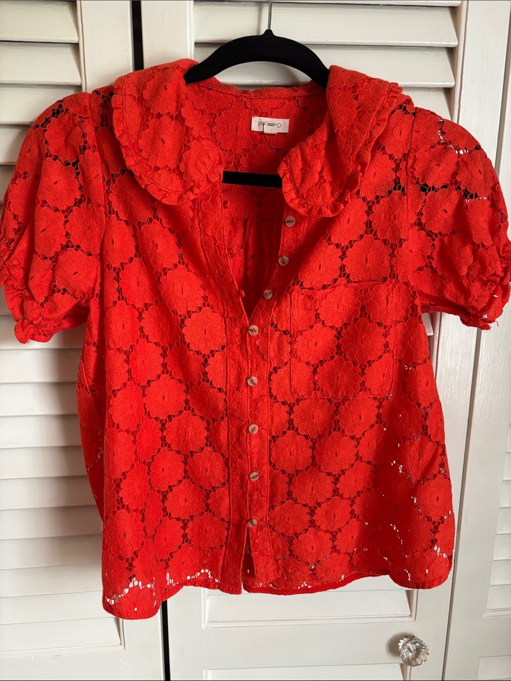 Pilcro Red Lace Button-Up Blouse with Peter Pan Collar